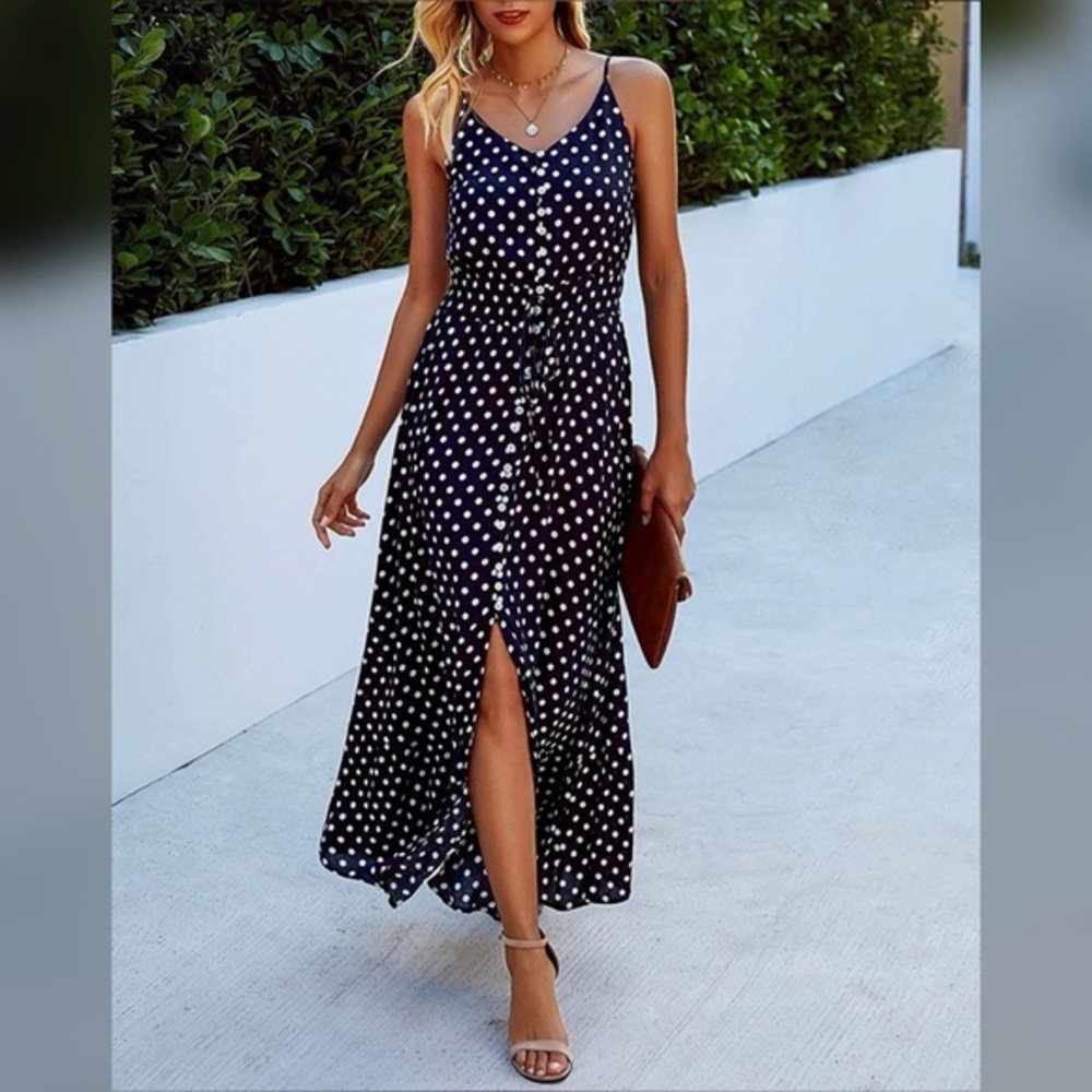 Navy Polka Dot Button-Front Midi Dress – Size Small ⚪🔵